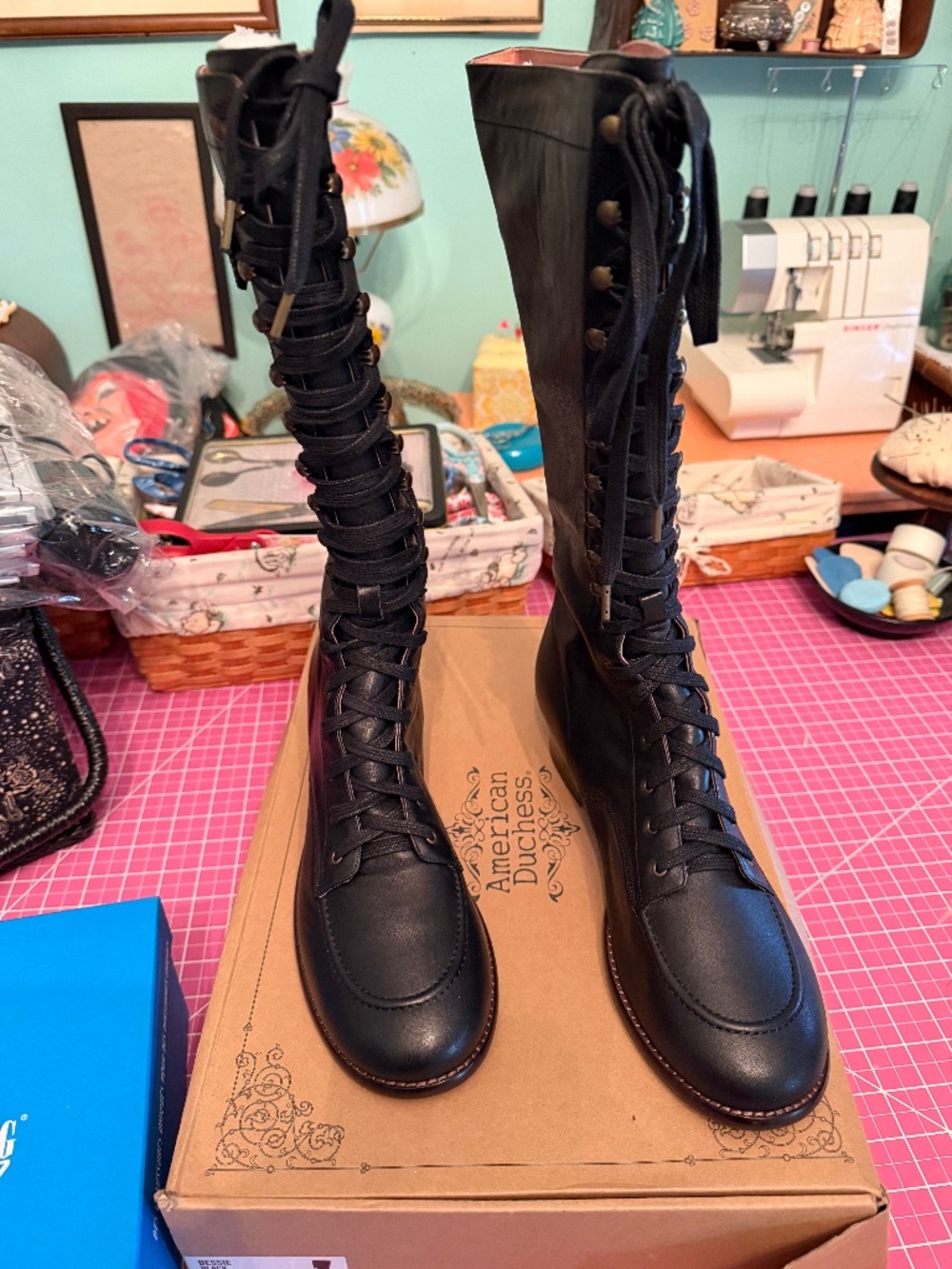American Duchess Bessie Vintage Aviator Boots (Black) Size 11
